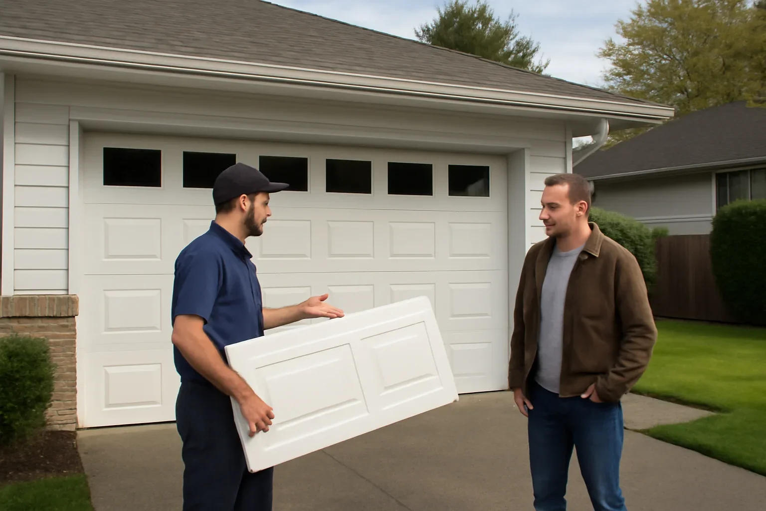 Damaged residential garage door panel being assessed for replacement in Aldergrove