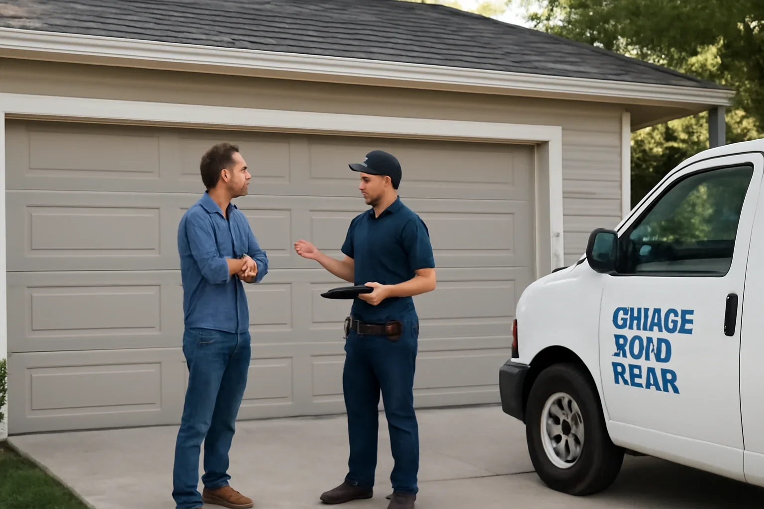 Technician assessing a residential garage door repair in Aldergrove