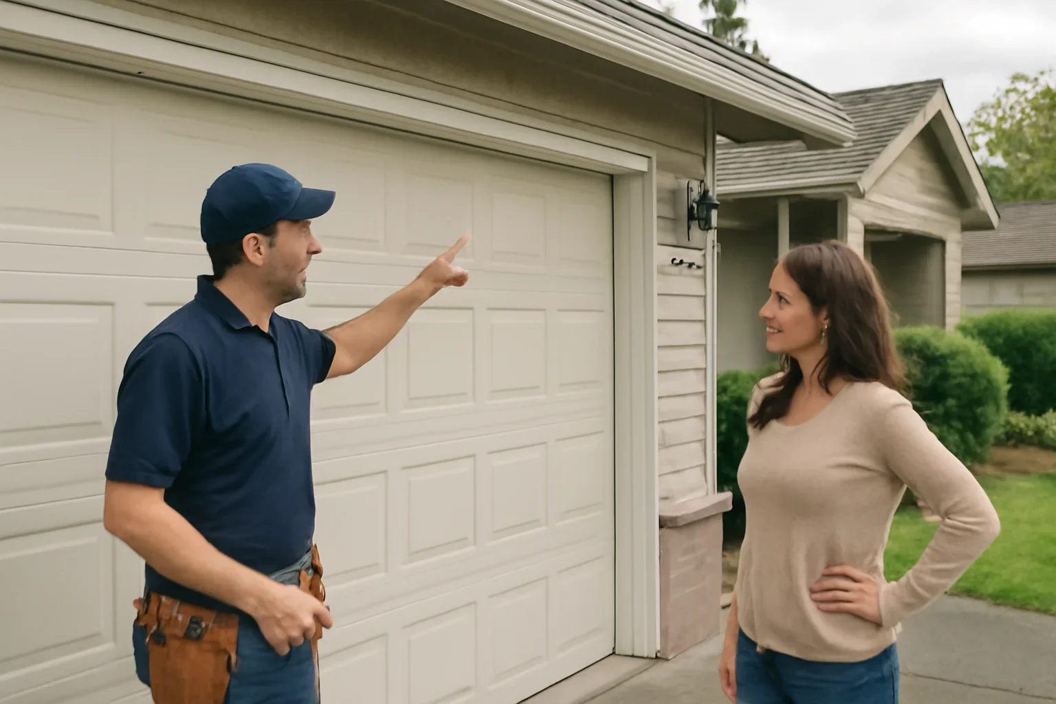 Technician assessing garage door rollers at an Aldergrove property