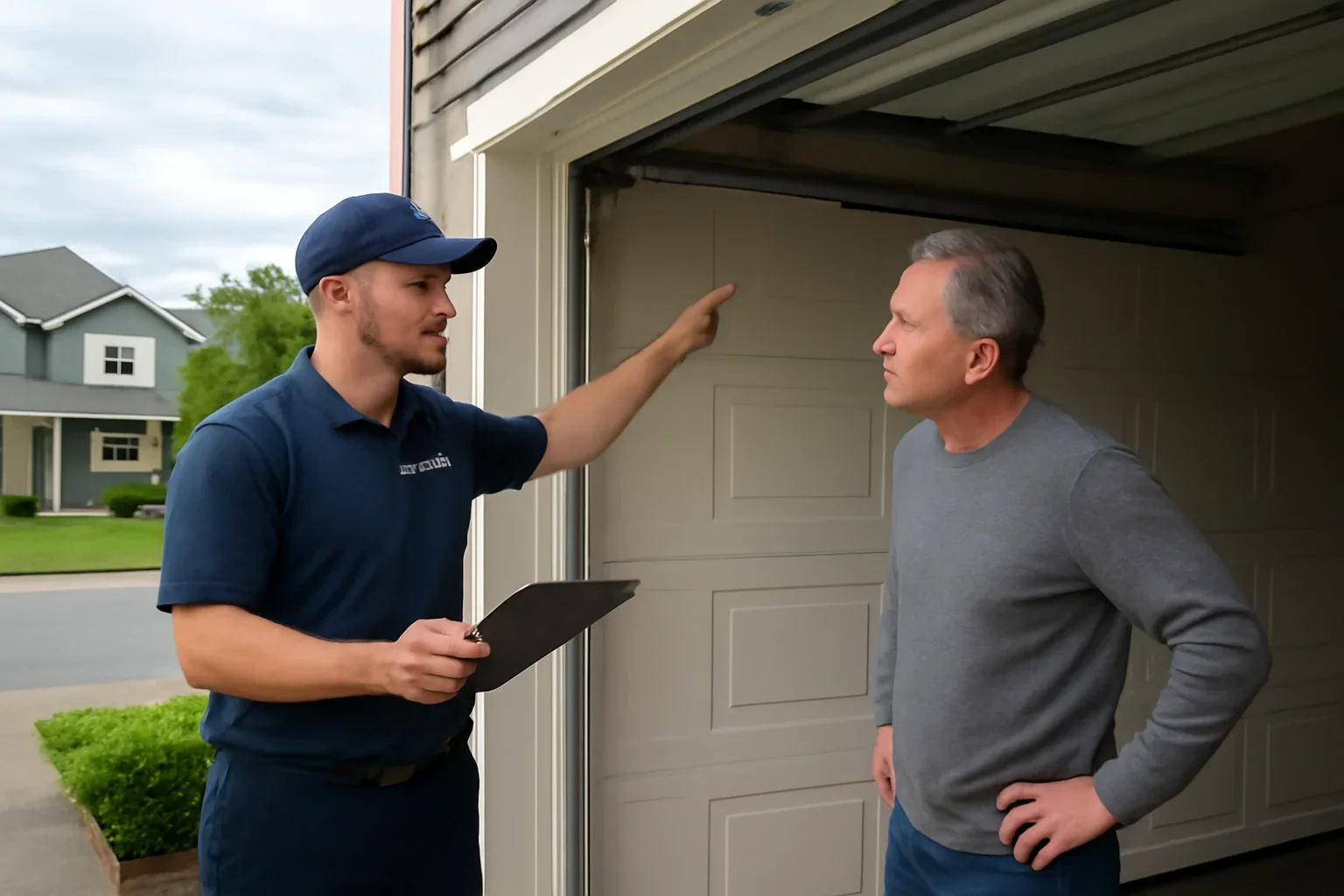 Technician assessing a garage door spring system at an Aldergrove property