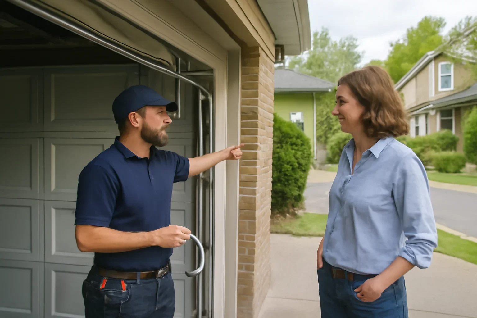 Technician assessing garage door lift cables at a Brookswood home