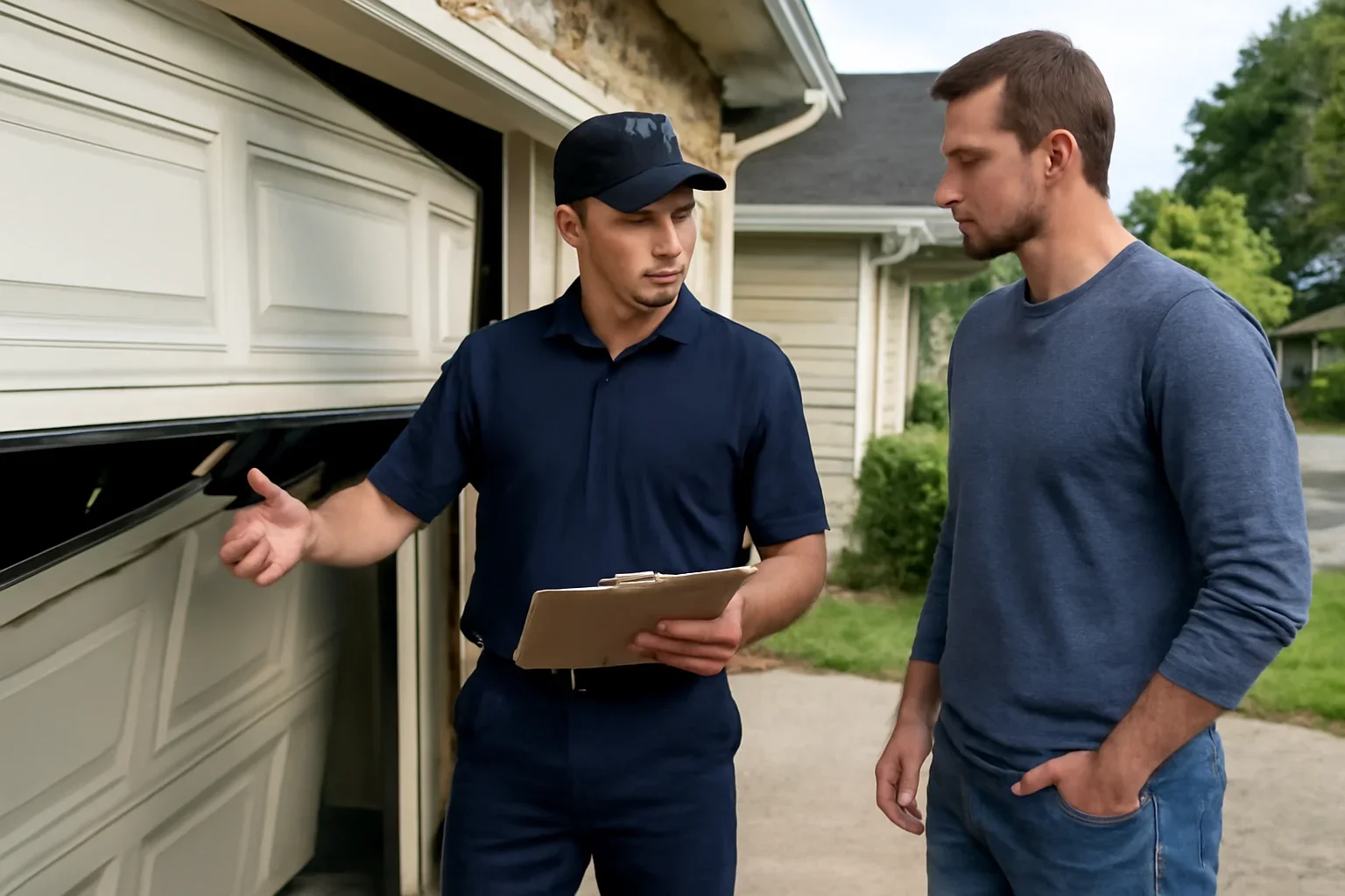Technician assessing a crooked off-track garage door at a Brookswood home