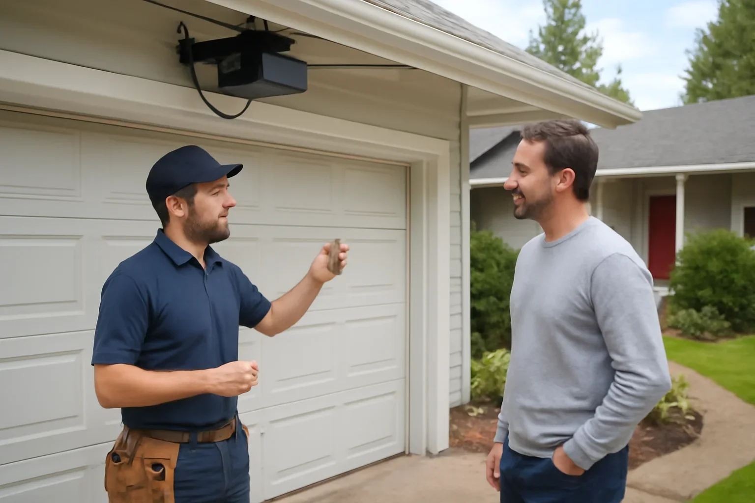 Technician assessing a garage door opener system at a Brookswood home