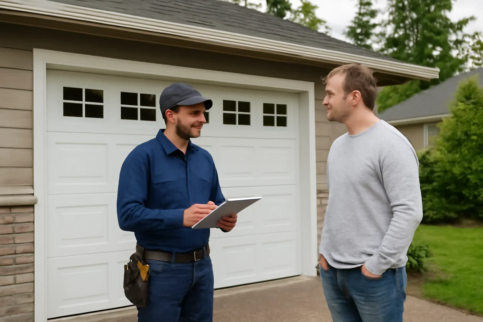 Technician assessing a residential garage door repair in Brookswood