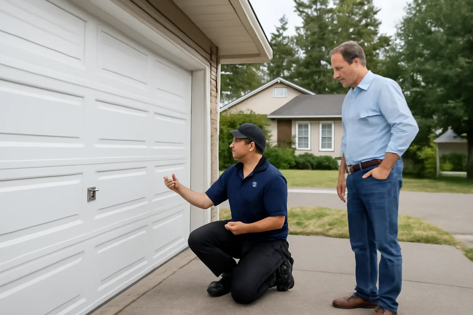 Technician assessing garage door rollers at a Brookswood home