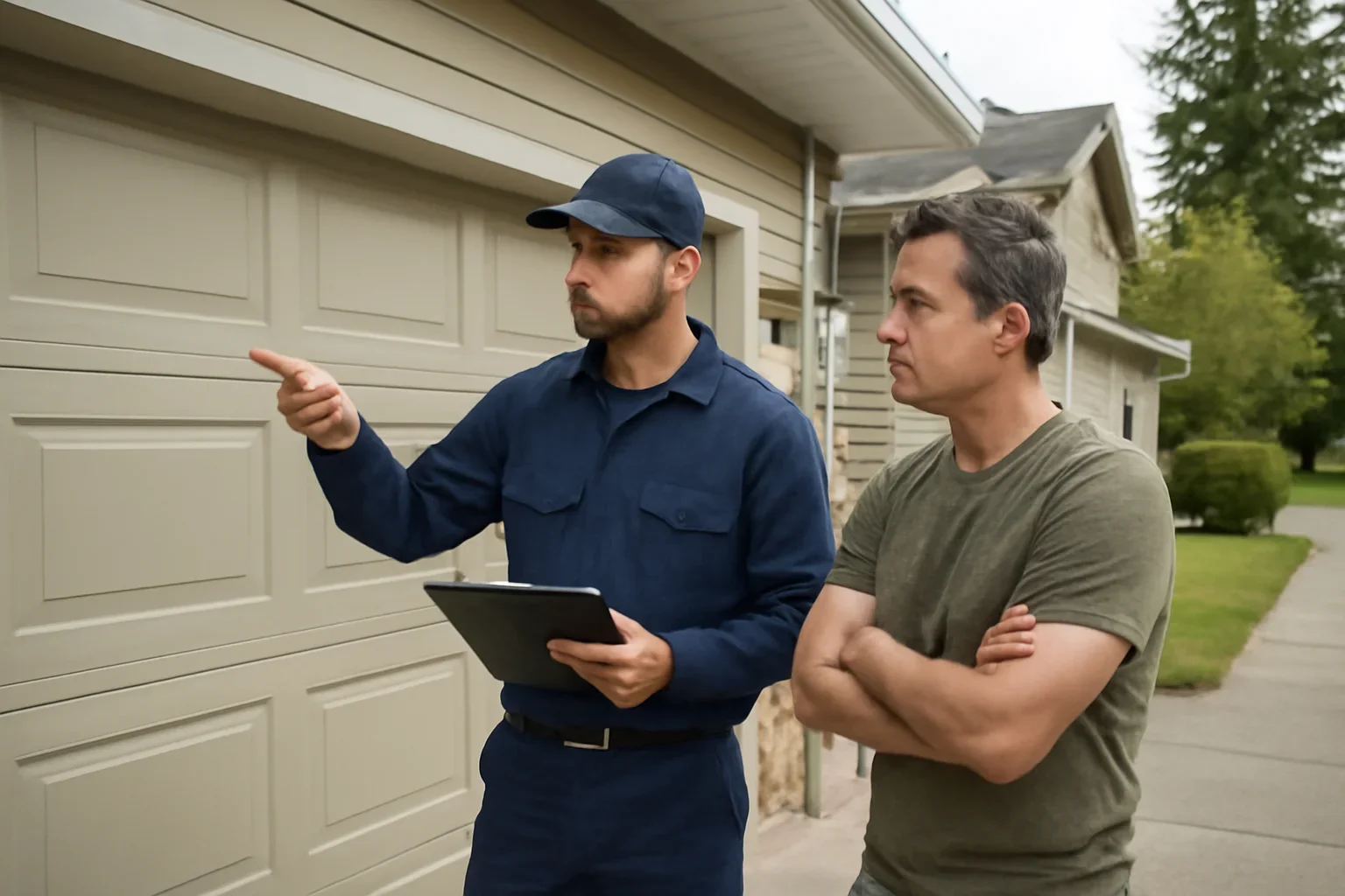 Garage door safety sensor repair assessment at a Brookswood home
