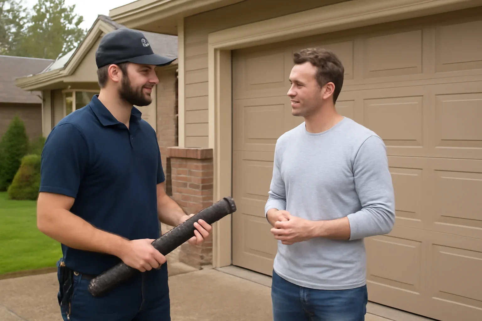 Technician assessing a garage door spring system at a Brookswood home