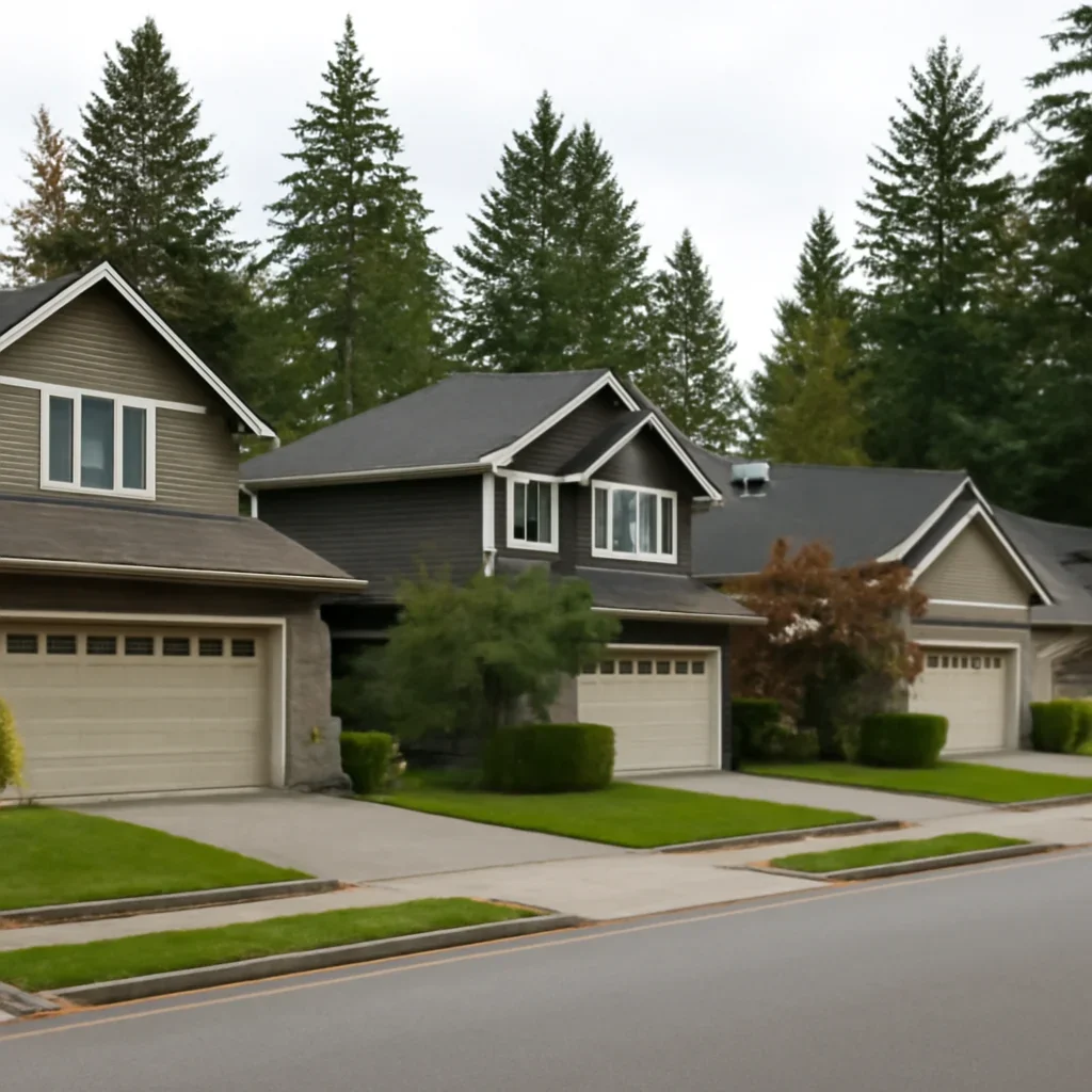 Detached homes, mature lots, and garage door property context in Brookswood Langley
