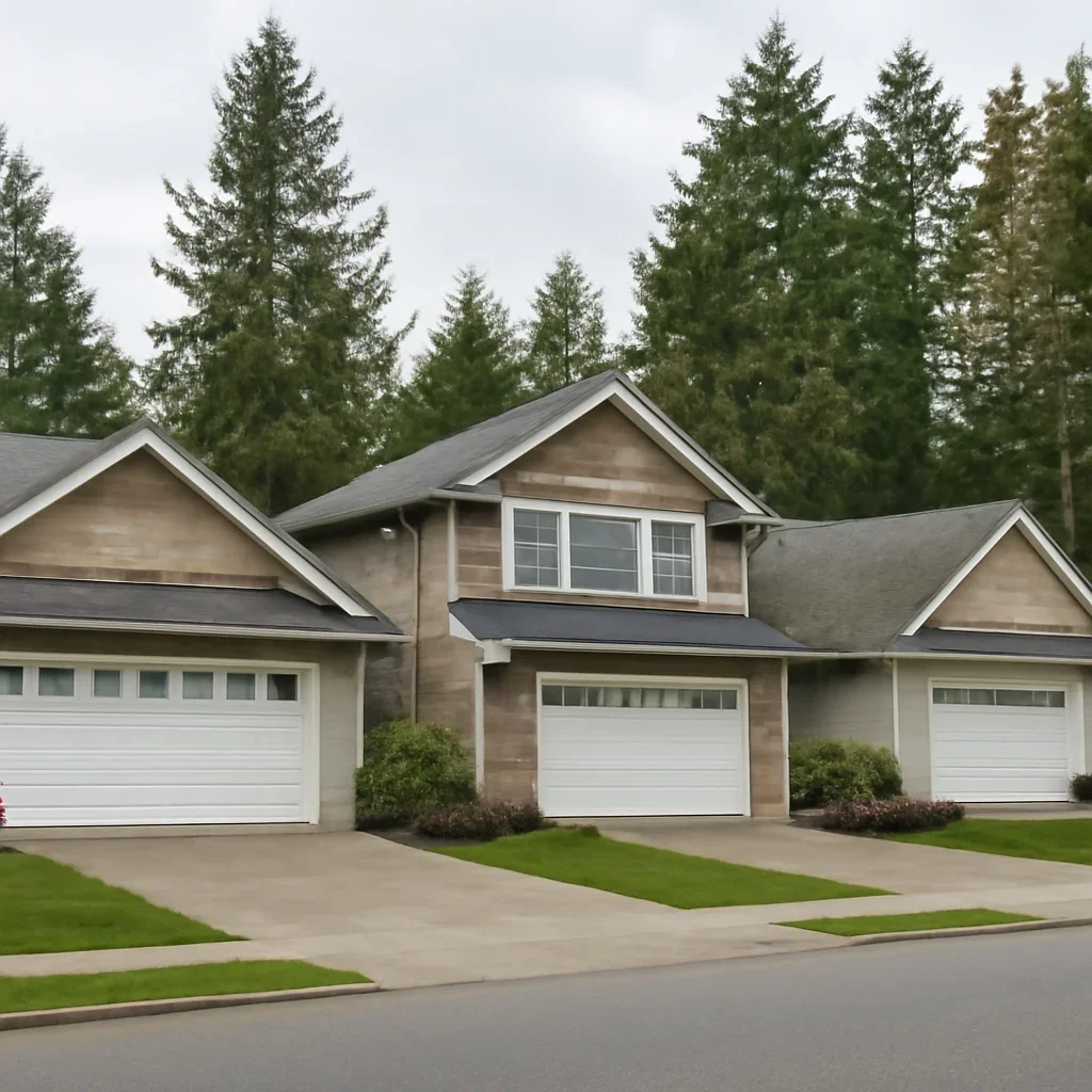 Garage doors at mature Brookswood homes requiring priority repair assessment