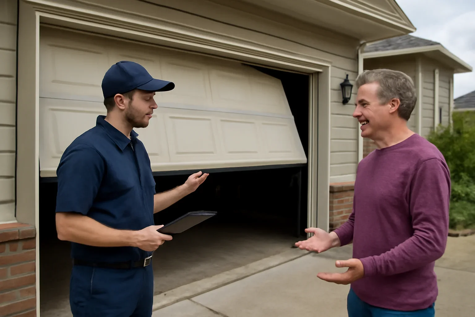 Off-track garage door requiring stabilization and repair at a Fernridge property