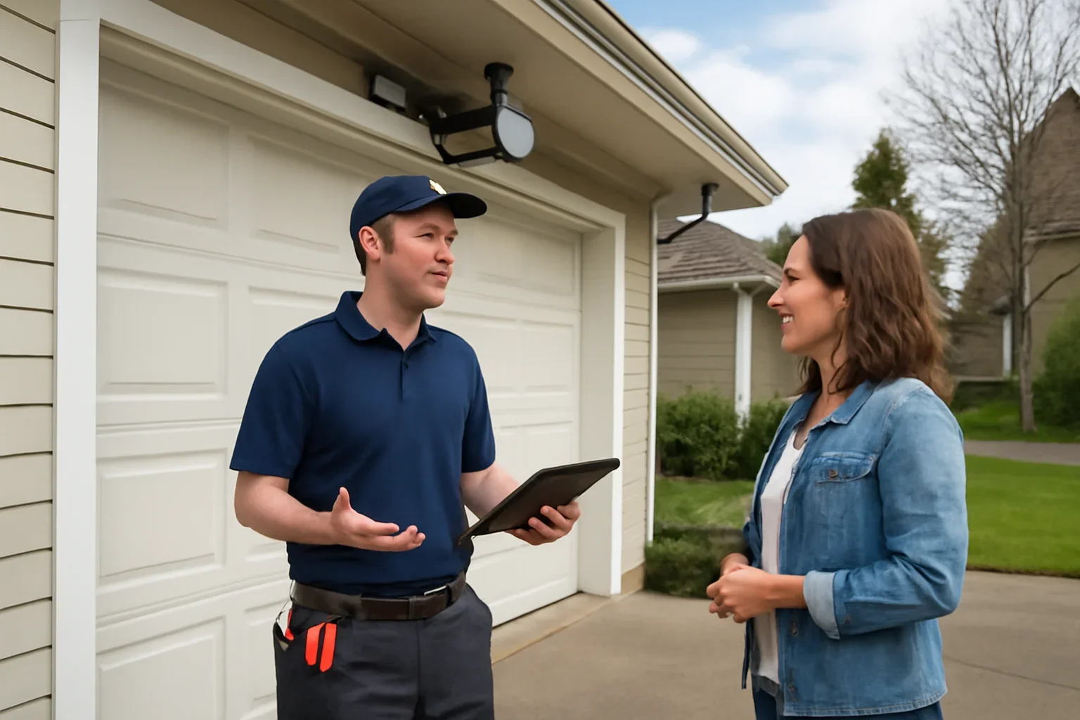 Technician assessing a garage door opener system at a Fernridge property