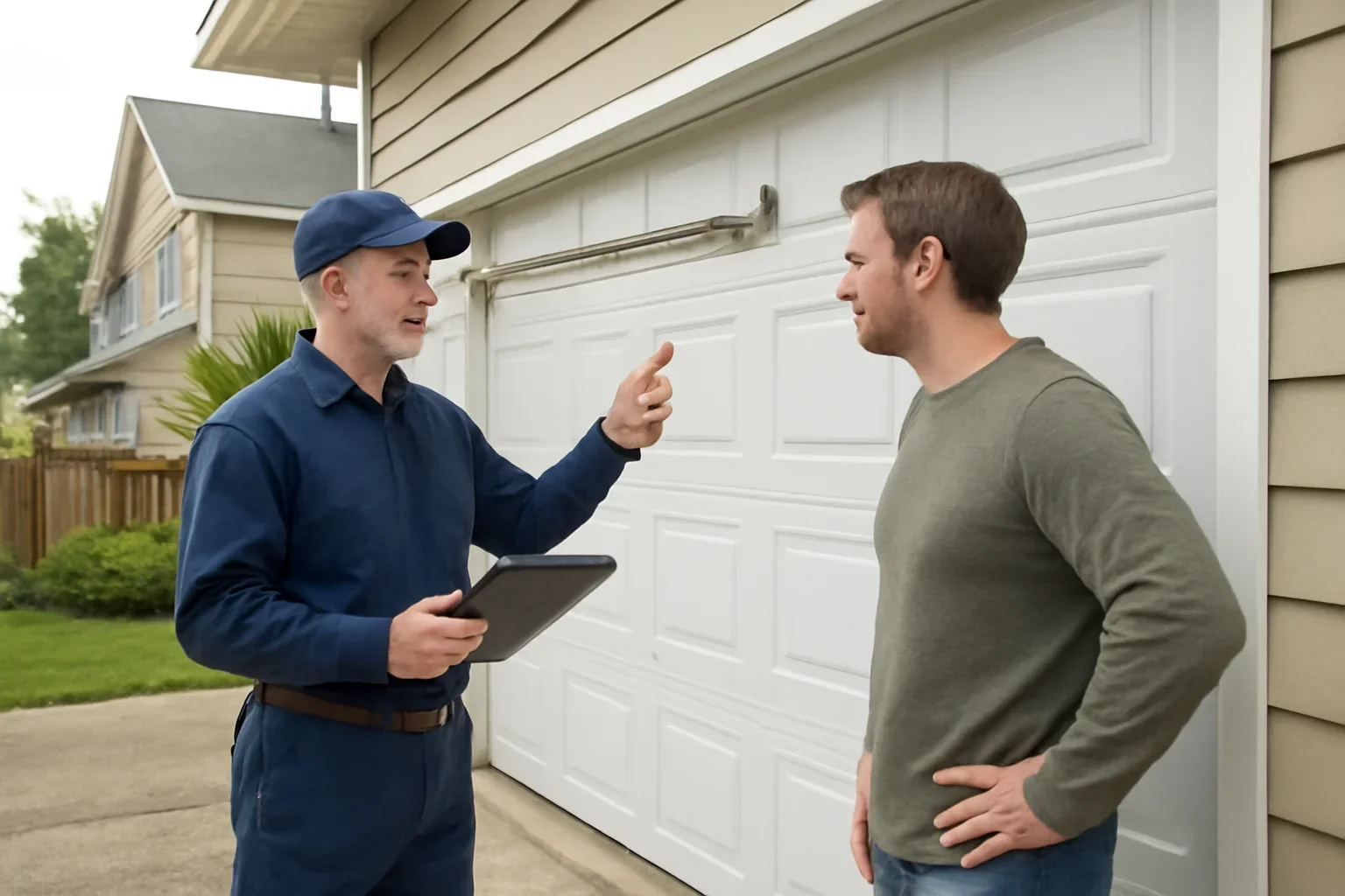 Garage door track repair assessment at a Fernridge home or detached shop