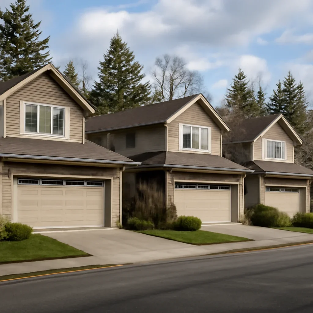 Residential garage doors on homes in Fort Langley, British Columbia