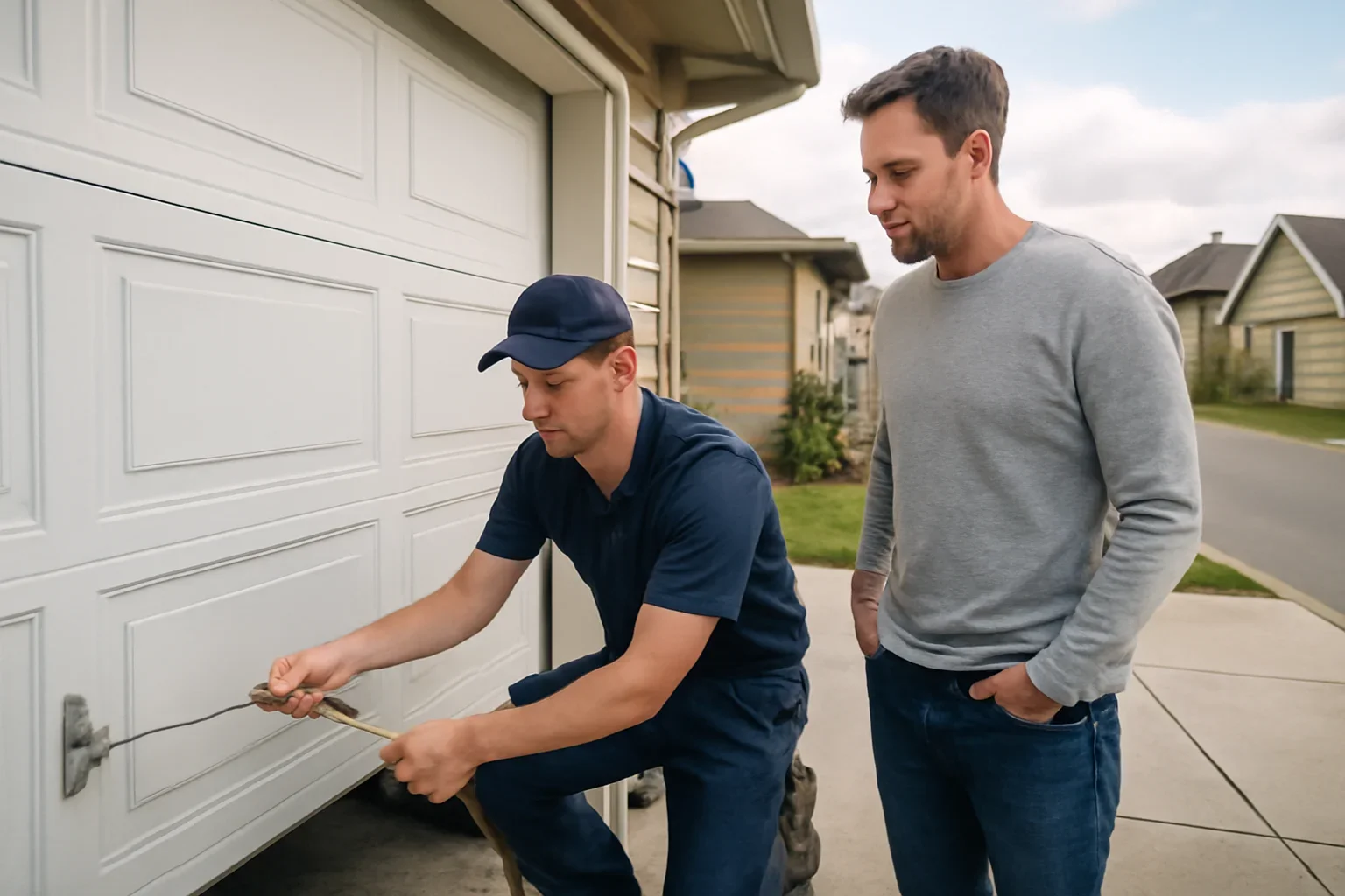 Technician assessing a garage door cable problem at a Glen Valley property