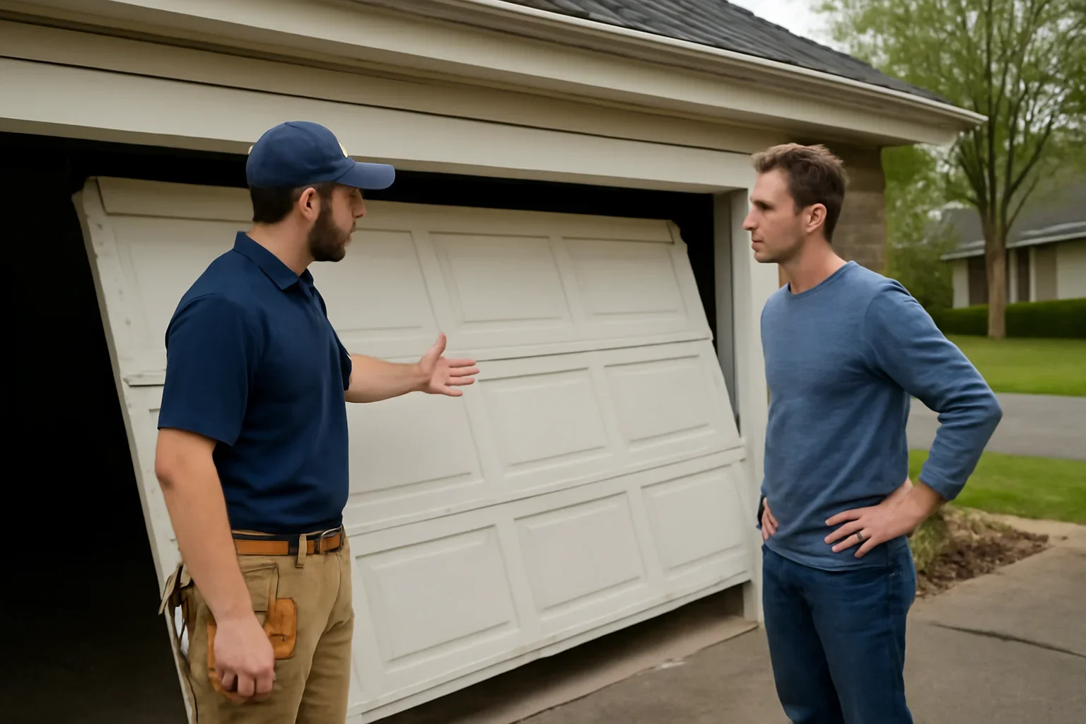 Off-track garage door being assessed at a Glen Valley property