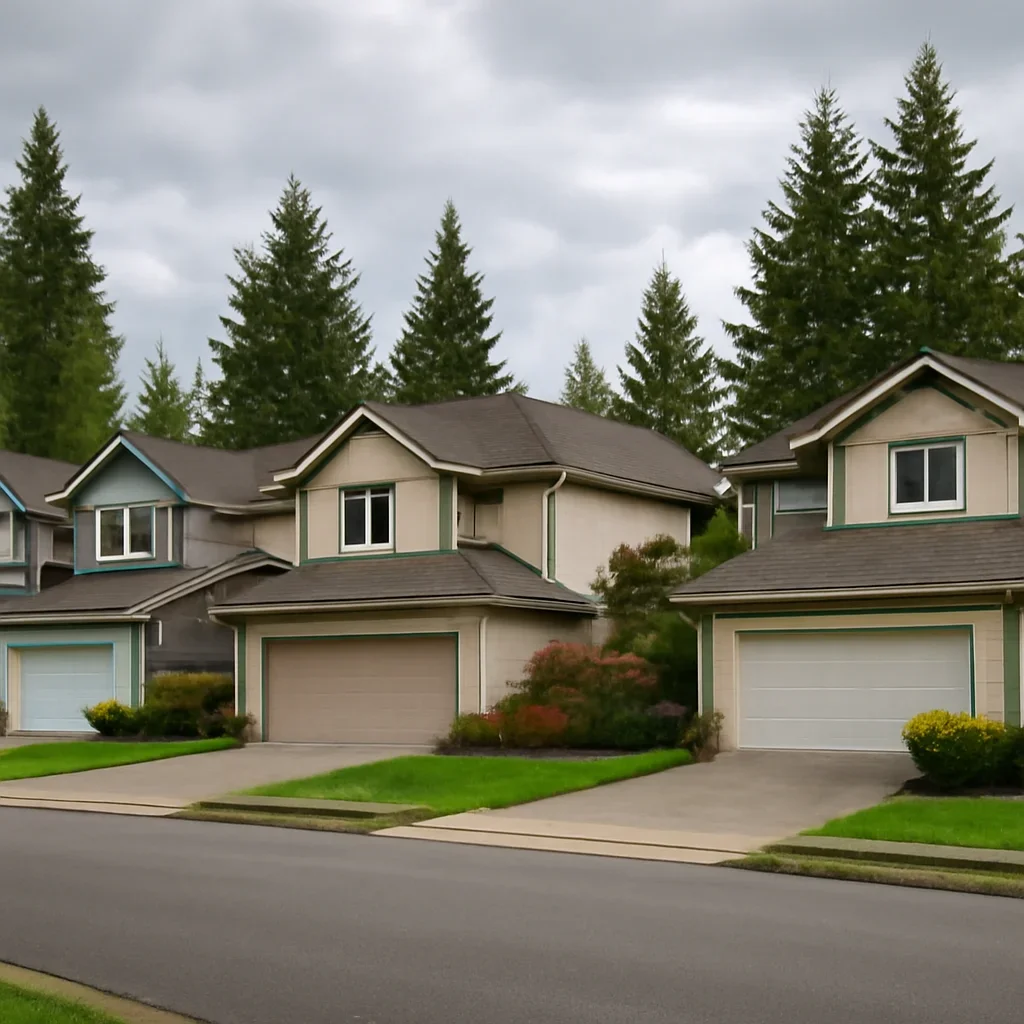 Residential garage doors on homes in Langley City, British Columbia