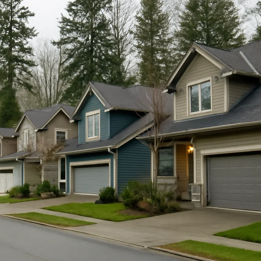 Garage doors on homes in Milner Langley with local garage door track repair context