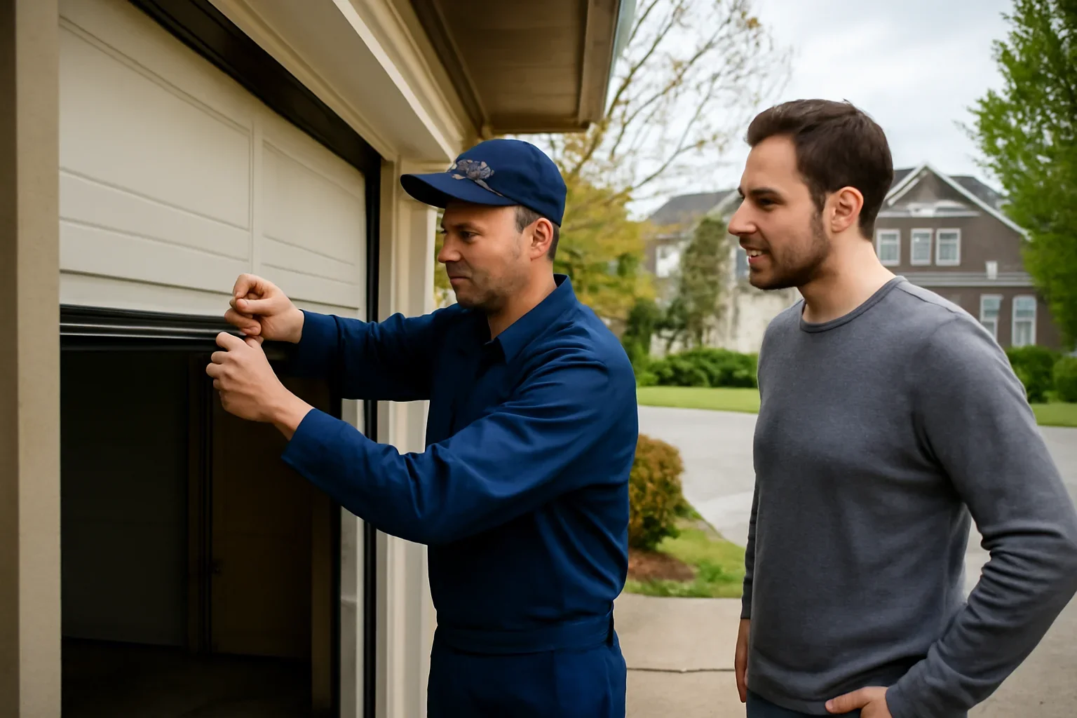 Technician inspecting garage door rollers at a Walnut Grove residential property