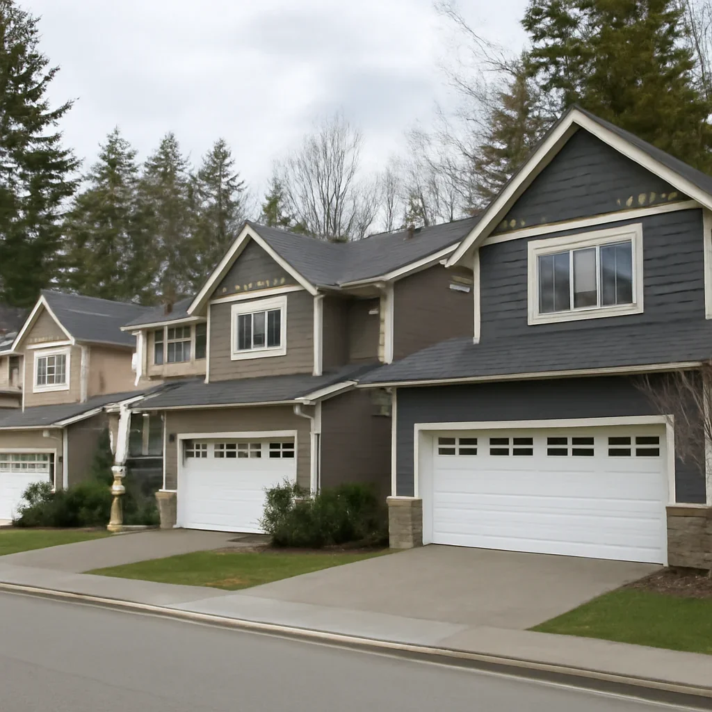 Garage doors on newer detached homes and townhomes in Willoughby, Langley