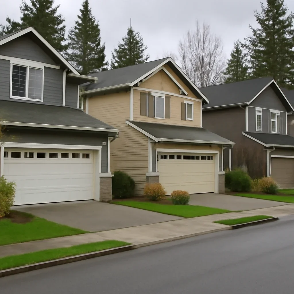 Residential garage doors and shared access areas in Willowbrook, Langley