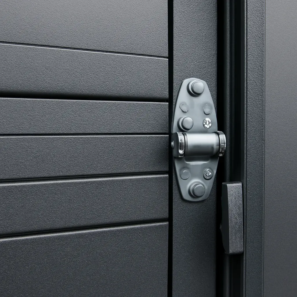 Close view of a steel garage door finish, panel details, windows and hardware in Langley