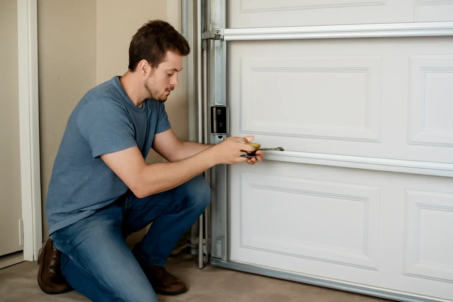 Homeowner checking garage door safety sensors in Langley