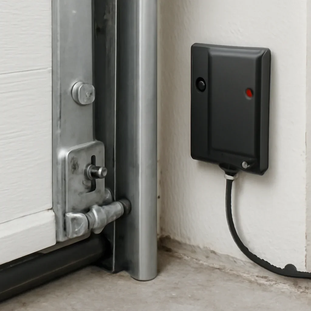 Close view of garage door photo-eye sensors, brackets and wiring