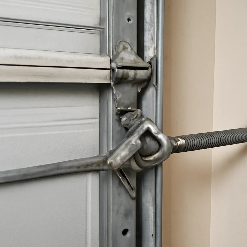 Close view of safety sensors and garage door hardware related to a door not closing