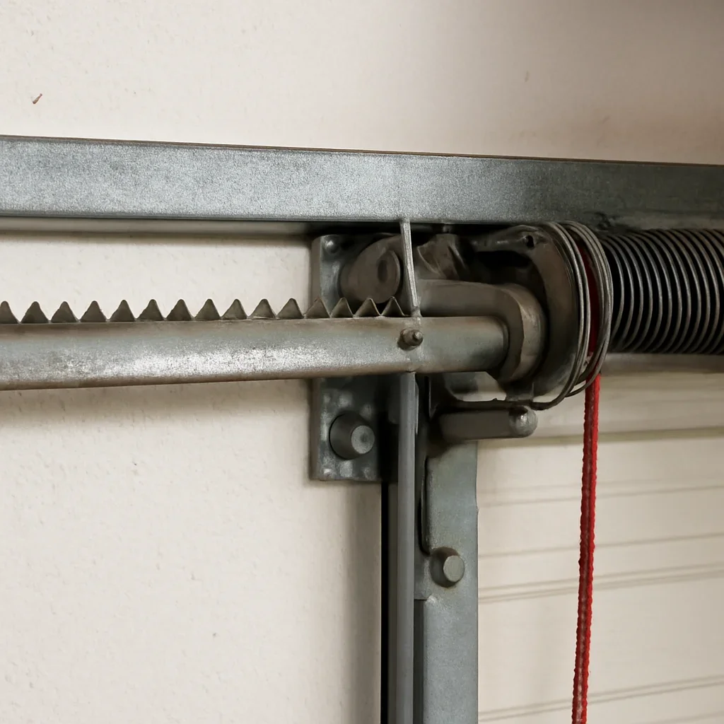 Close view of garage door opener, spring, track and lifting hardware related to a door not opening
