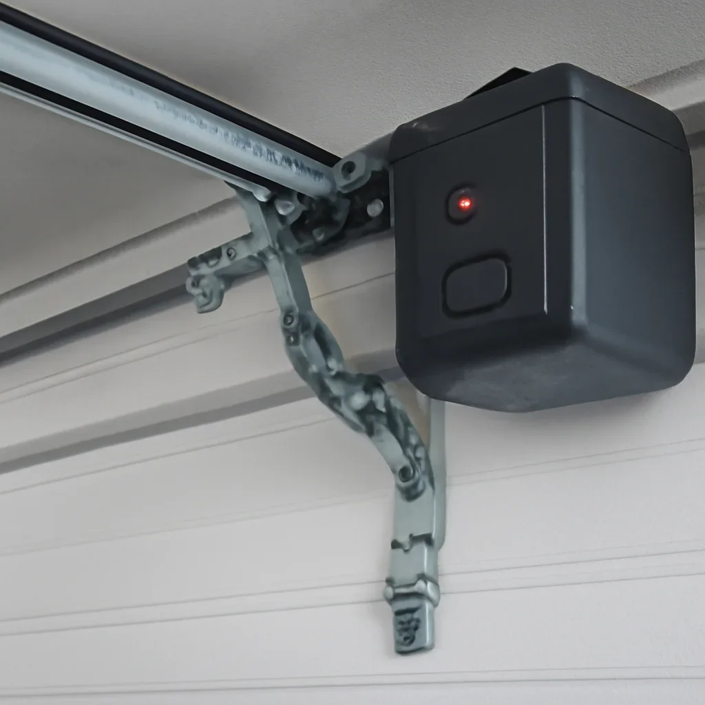 Garage door remote, opener motor and control hardware being checked