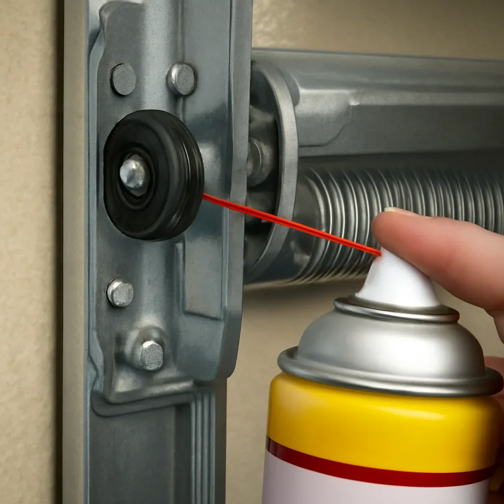Close view of garage door hinges and rollers during maintenance