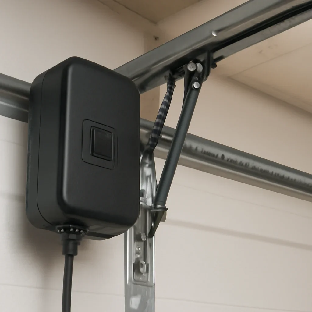 Garage door opener Learn button, handheld remote and control hardware in a Langley garage