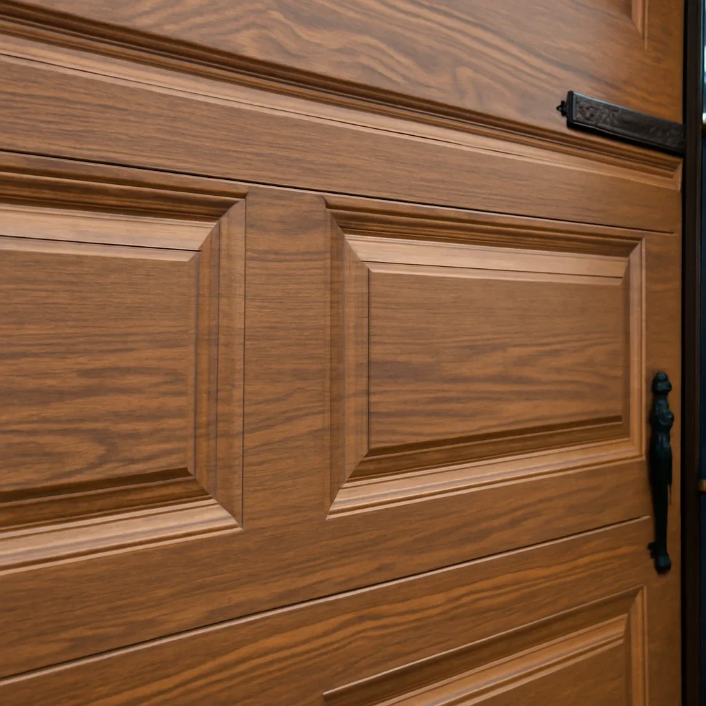 Close view of a wood-look garage door finish, panel design and hardware