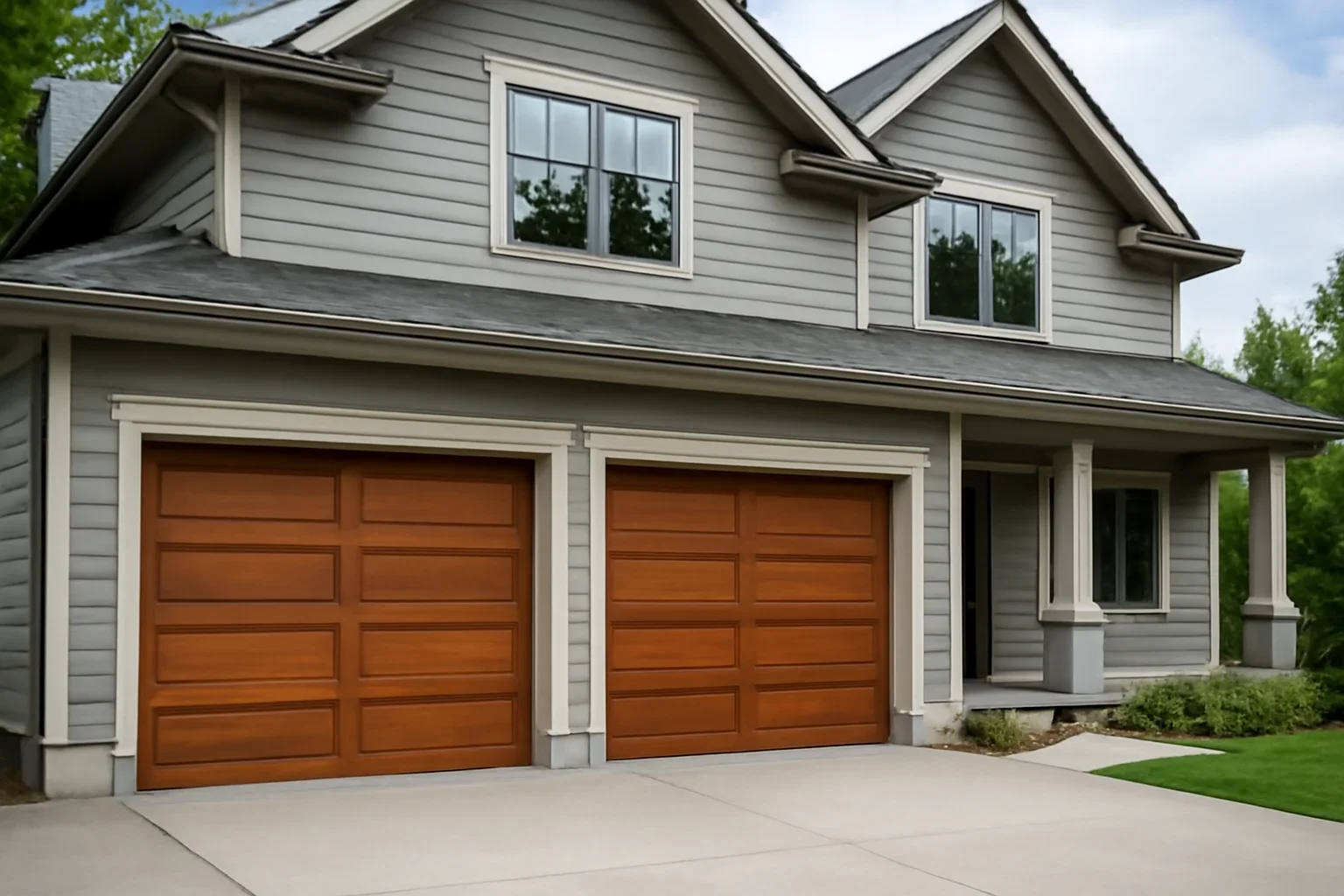 Wood-look garage door installed on a residential property in Langley